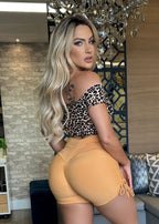 Conjunto Fitness Top Manguinha Oncinha Short Laranja Empina Bumbum