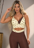 Conjunto em Poliamida Top Bojo Duplo Coração e Legging Marrom