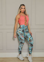 Macacão Fitness Top Rosa Legging Estampada