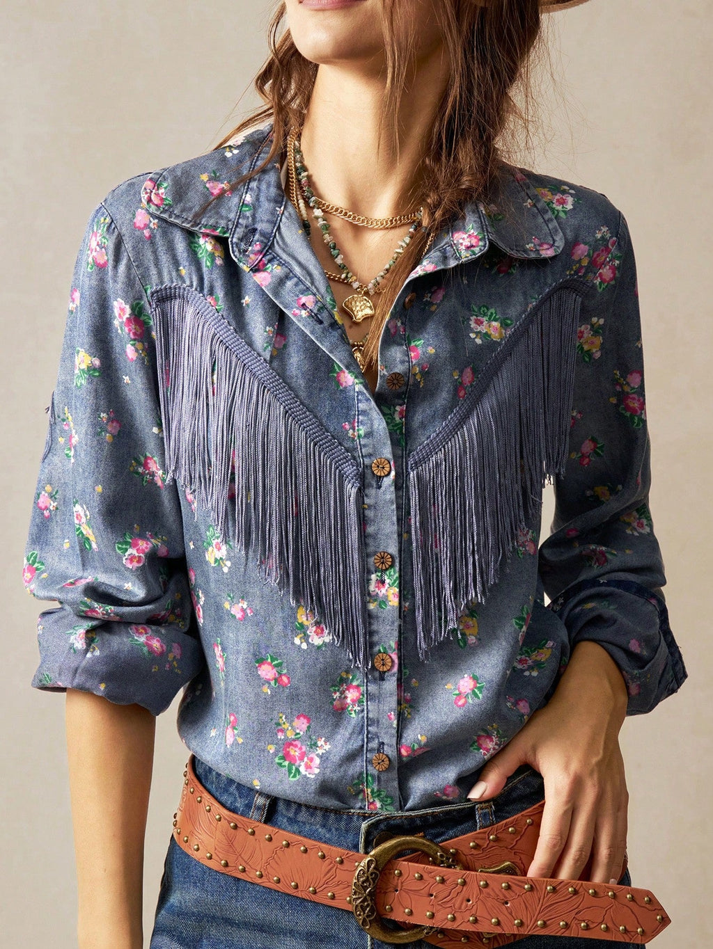 Camisa Floral Com Franja Janaina
