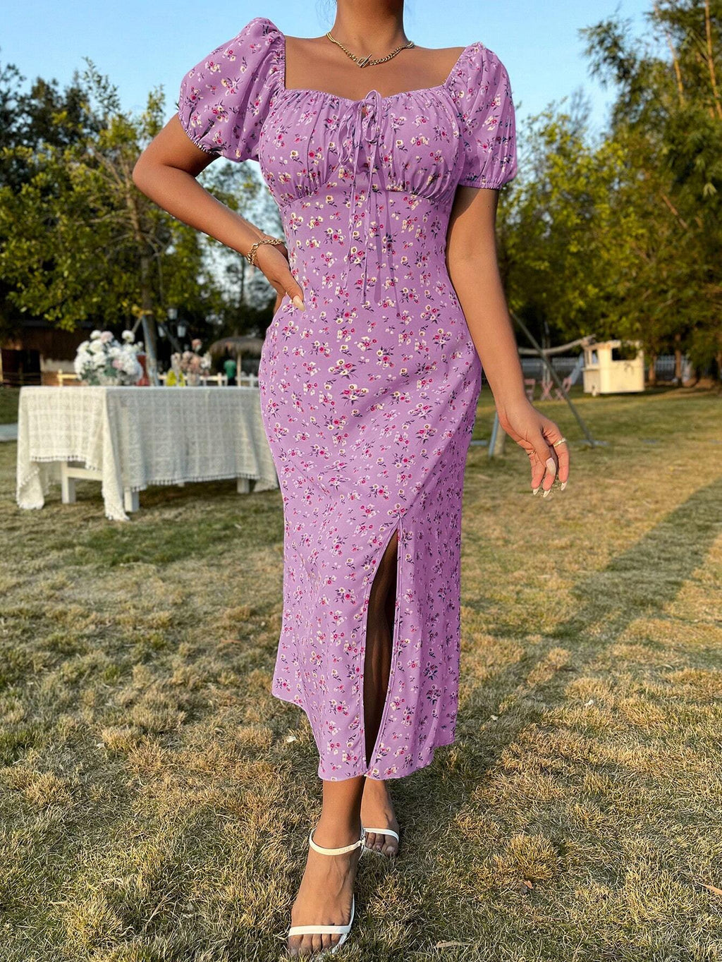 Vestido Floral com Fenda