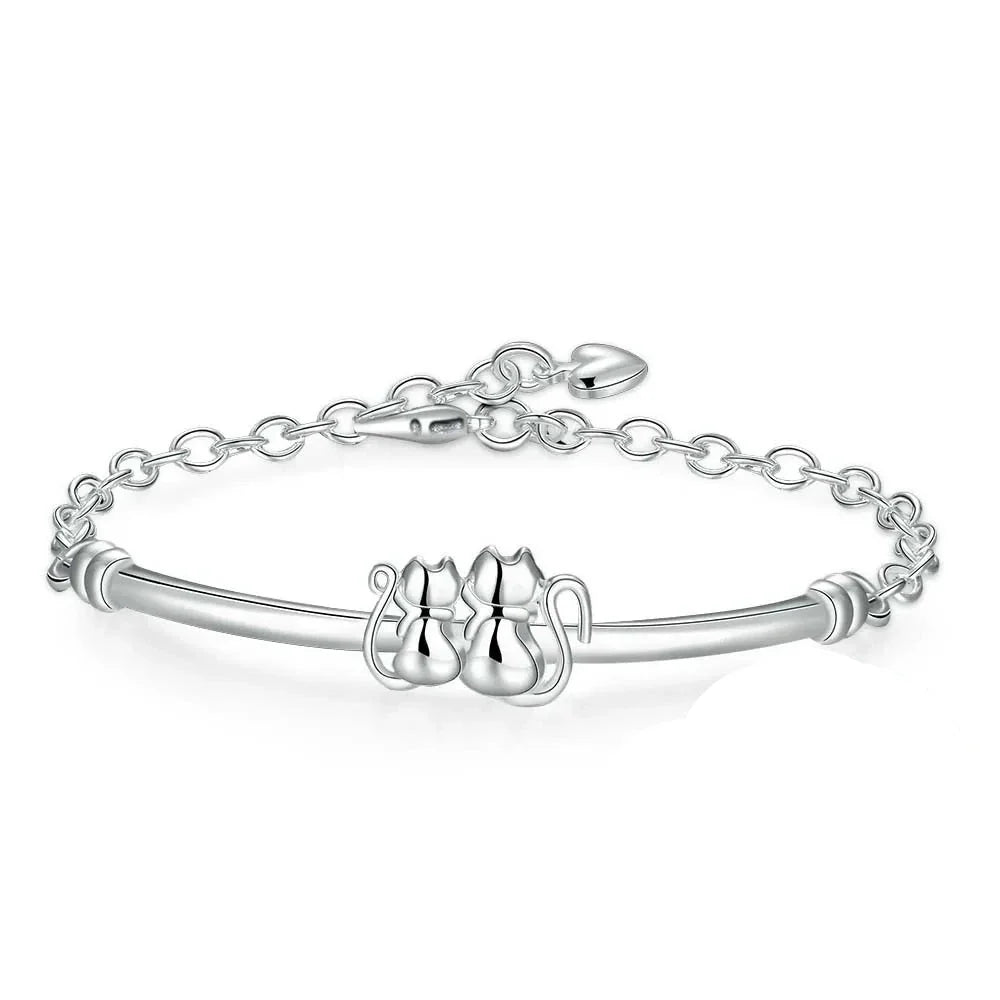 Pulseira Prata Esterlina 925 2 Gatinhos mais Pingente Coração