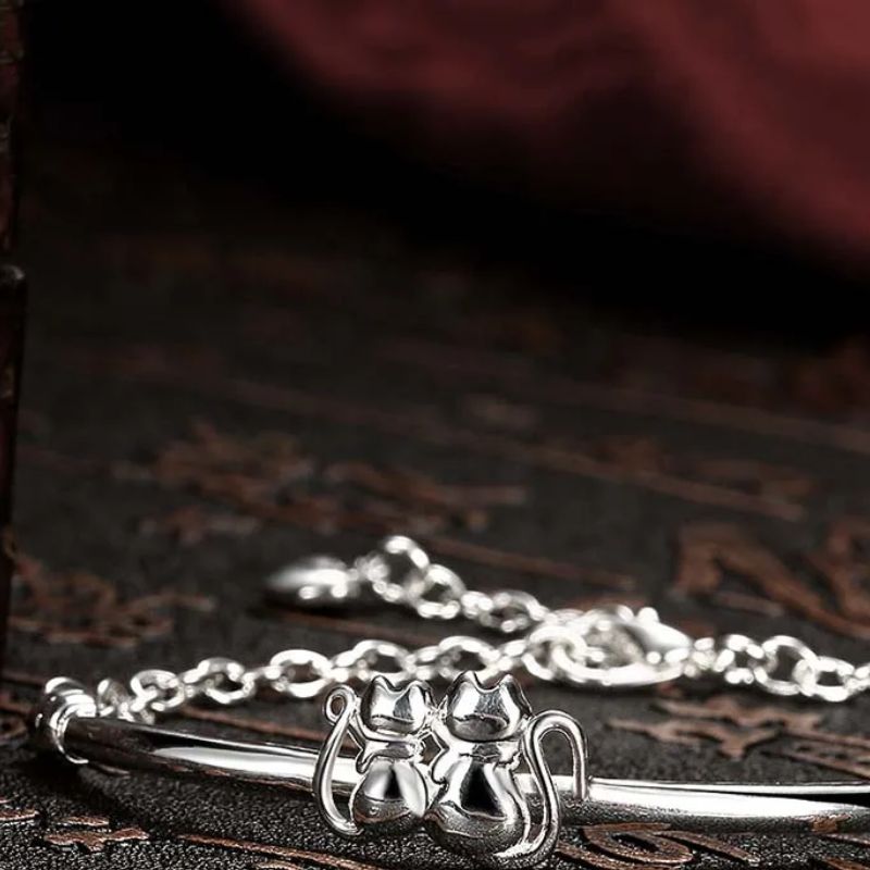 Pulseira Prata Esterlina 925 2 Gatinhos mais Pingente Coração