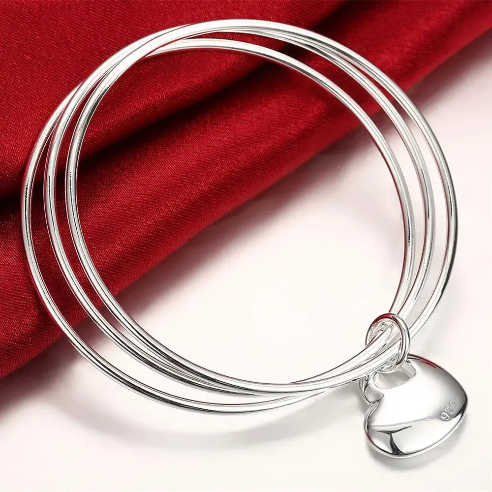 Pulseira Prata Esterlina 925 3 Argolas e Pingente Coração
