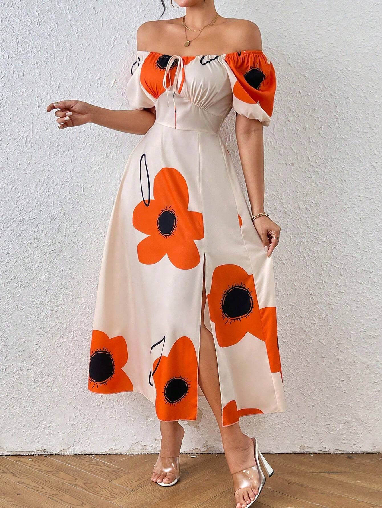 Vestido Floral Elegante com Manga Bufante e Fenda Lateral