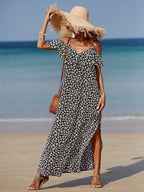 Vestido Longo Ombro à Mostra com Fenda e Estampa Floral