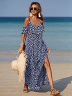 Vestido Longo Ombro à Mostra com Fenda e Estampa Floral