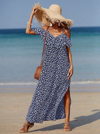 Vestido Longo Ombro à Mostra com Fenda e Estampa Floral