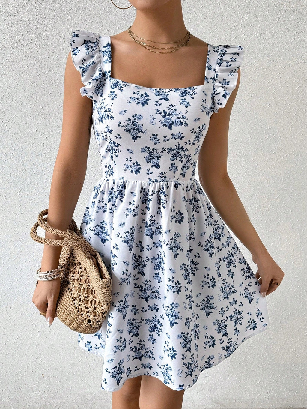 Vestido com Estampa Aleatória e Manga Curta para Férias