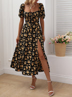 Vestido Longo Floral com Fenda e Nó