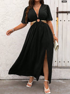 Vestido Casual Plus Size Azul Royal com Gola V Profunda