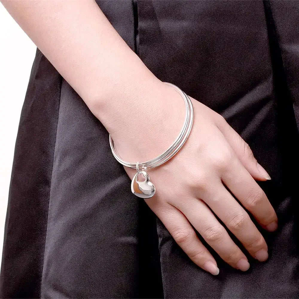 Pulseira Prata Esterlina 925 3 Argolas e Pingente Coração