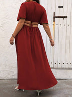 Vestido Casual Plus Size Azul Royal com Gola V Profunda