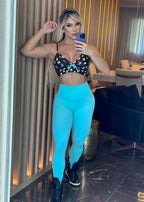 Conjunto Fitness Top Viés Emoji Legging Azul Empina Bumbum